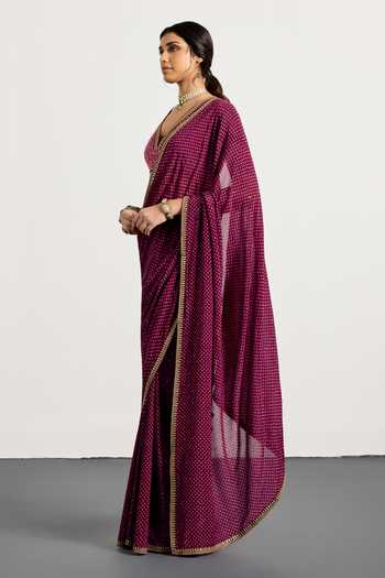 Shop_RI.Ritu Kumar_Purple Silk, Chinon V-neck Prune Prina Saree With Embroidered Blouse _Online_at_Aza_Fashions