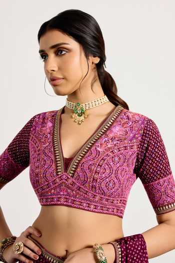 RI.Ritu Kumar_Purple Silk, Chinon V-neck Prune Prina Saree With Embroidered Blouse _at_Aza_Fashions