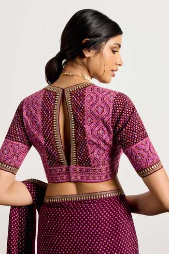 Buy_RI.Ritu Kumar_Purple Silk, Chinon V-neck Prune Prina Saree With Embroidered Blouse 