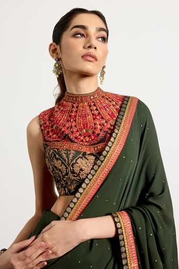 RI.Ritu Kumar_Green Silk, Chinon High Neck Border Embroidered Saree With Blouse _Online_at_Aza_Fashions