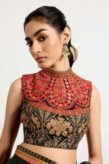 Buy_RI.Ritu Kumar_Green Silk, Chinon High Neck Border Embroidered Saree With Blouse _Online_at_Aza_Fashions