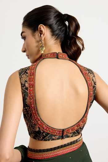 Shop_RI.Ritu Kumar_Green Silk, Chinon High Neck Border Embroidered Saree With Blouse _Online_at_Aza_Fashions