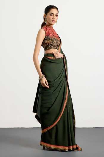RI.Ritu Kumar_Green Silk, Chinon High Neck Border Embroidered Saree With Blouse _at_Aza_Fashions