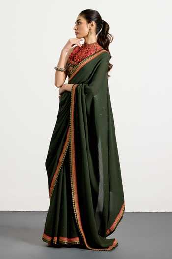 Shop_RI.Ritu Kumar_Green Silk, Chinon High Neck Border Embroidered Saree With Blouse 