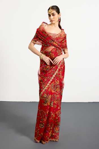 RI.Ritu Kumar_Red Silk, Organza, Dupion Square Neck Mauricia Print Saree With Blouse _Online_at_Aza_Fashions