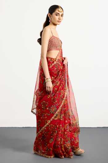 Buy_RI.Ritu Kumar_Red Silk, Organza, Dupion Square Neck Mauricia Print Saree With Blouse _Online_at_Aza_Fashions