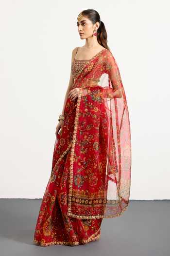 Shop_RI.Ritu Kumar_Red Silk, Organza, Dupion Square Neck Mauricia Print Saree With Blouse _Online_at_Aza_Fashions