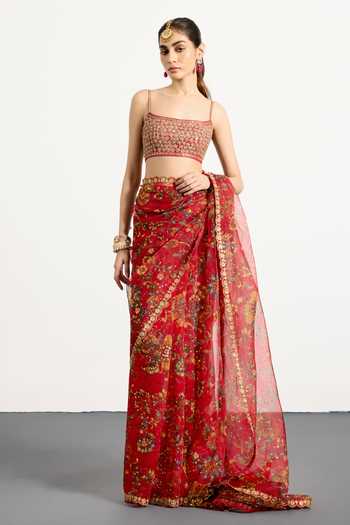 RI.Ritu Kumar_Red Silk, Organza, Dupion Square Neck Mauricia Print Saree With Blouse _at_Aza_Fashions