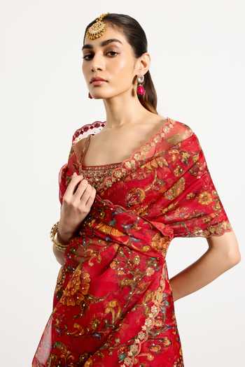Buy_RI.Ritu Kumar_Red Silk, Organza, Dupion Square Neck Mauricia Print Saree With Blouse 