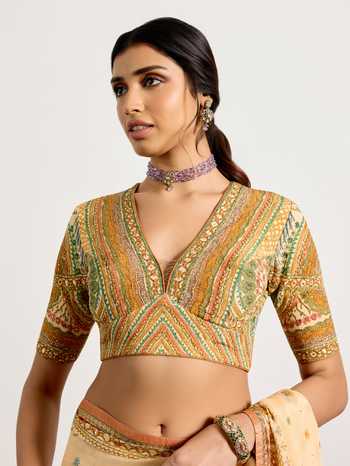 RI.Ritu Kumar_Multi Color Crepe, Viscose, Rayon, Chinon Gaj Embroidered Saree With Blouse _at_Aza_Fashions
