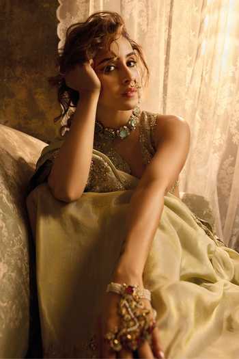 Shop_Osaa By Adarsh_Olive Green Tissue Sweetheart Neck Saree With Embroidered Blouse _Online_at_Aza_Fashions