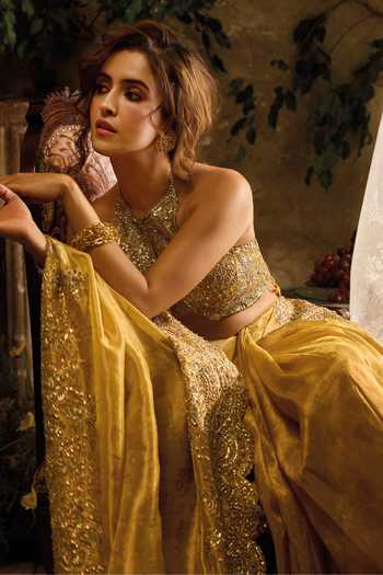 Buy_Osaa By Adarsh_Yellow Tissue Halter Neck Weave Embroidered Saree And Blouse Set _Online_at_Aza_Fashions