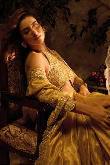 Osaa By Adarsh_Yellow Tissue Halter Neck Weave Embroidered Saree And Blouse Set _at_Aza_Fashions