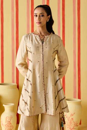 Buy_Studio Bagechaa_Gold Silk Round Neck Trisha Embroidered Kurta And Sharara Set _Online_at_Aza_Fashions