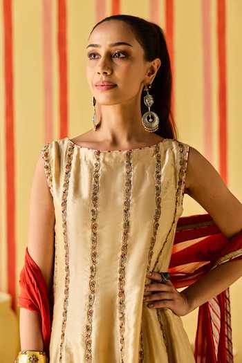 Studio Bagechaa_Gold Silk, Organza, Crepe Boat Neck Dhyuti Stripe Embroidered Kurta Set _Online_at_Aza_Fashions