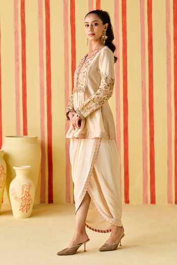 Studio Bagechaa Gold Chanderi, Crepe Scoop Neck, Yes Manura Yoke Embroidered Kurta And Skirt Set Online at Aza Fashions Studio Bagechaa_Gold Chanderi, Crepe Scoop Neck, Yes Manura Yoke Embroidered Kurta And Skirt Set _Online_at_Aza_Fashions