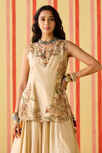 Studio Bagechaa_Gold Silk, Organza Keyhole Neck Padmini Embroidered Top Skirt Set _Online_at_Aza_Fashions