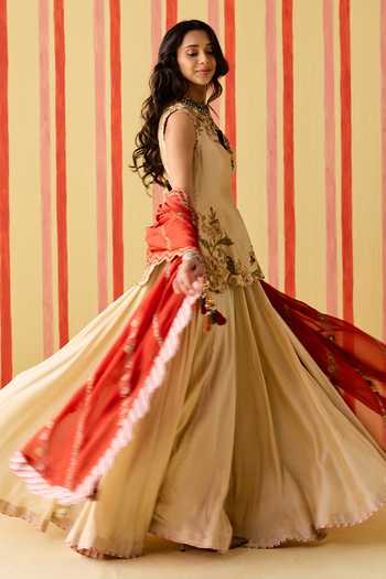 Buy_Studio Bagechaa_Gold Silk, Organza Keyhole Neck Padmini Embroidered Top Skirt Set _Online_at_Aza_Fashions
