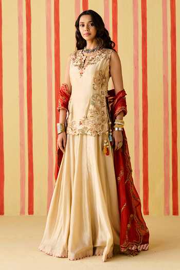 Shop_Studio Bagechaa_Gold Silk, Organza Keyhole Neck Padmini Embroidered Top Skirt Set _Online_at_Aza_Fashions