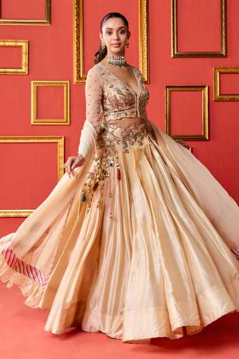 Studio Bagechaa_Gold Silk, Organza, Net V-neck Sanvi Embroidered Lehenga Set _Online_at_Aza_Fashions