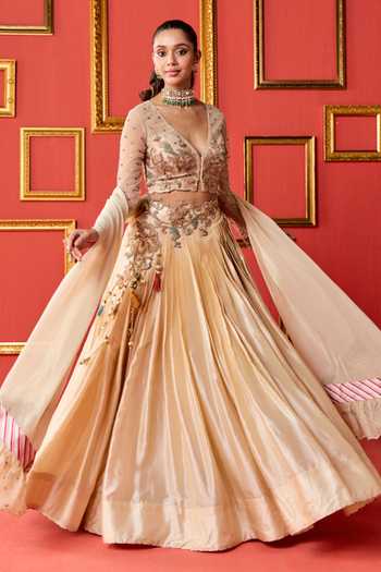 Buy_Studio Bagechaa_Gold Silk, Organza, Net V-neck Sanvi Embroidered Lehenga Set _Online_at_Aza_Fashions
