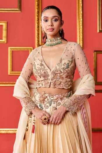 Shop_Studio Bagechaa_Gold Silk, Organza, Net V-neck Sanvi Embroidered Lehenga Set _Online_at_Aza_Fashions