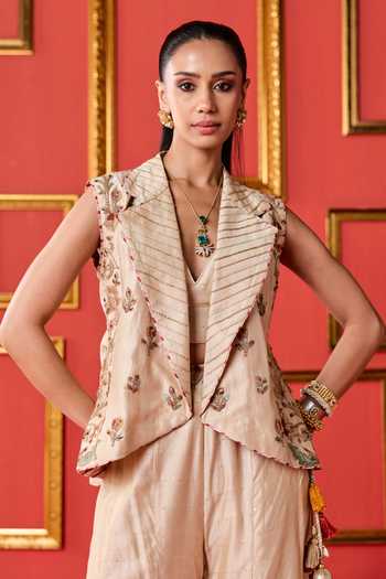 Buy_Studio Bagechaa_Gold Chanderi Open Neck, Medha Embroidered Jacket Sharara Set _Online_at_Aza_Fashions