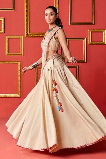 Shop_Studio Bagechaa_Gold Organza, Chanderi V-neck Gayatri Embroidered Blouse Skirt Set _Online_at_Aza_Fashions