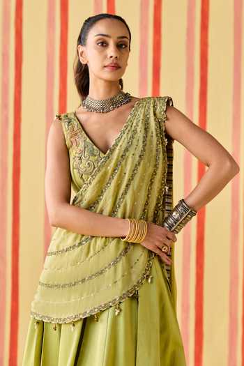 Shop_Studio Bagechaa_Green Organza, Chanderi V-neck Gayatri Lehenga Set _Online_at_Aza_Fashions