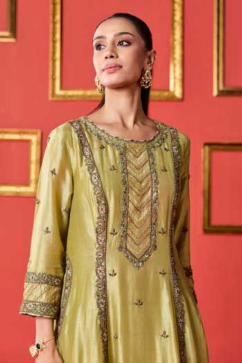Studio Bagechaa_Green Silk, Organza, Chanderi, Modal Round Neck Kamla Zardozi Work Kurta Set _Online_at_Aza_Fashions