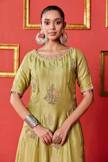 Studio Bagechaa_Green Silk, Chanderi, Modal, Lurex Round Neck Anika Embroidered Kurta Set _Online_at_Aza_Fashions