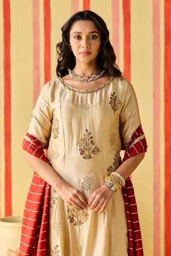 Buy_Studio Bagechaa_Beige Silk, Chanderi, Modal, Lurex Round Neck Anika Embroidered Anarkali Set _Online_at_Aza_Fashions