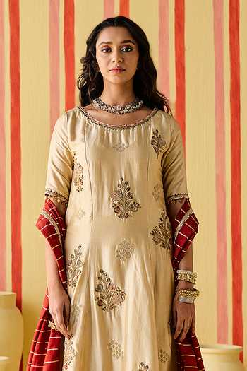 Shop_Studio Bagechaa_Beige Silk, Chanderi, Modal, Lurex Round Neck Anika Embroidered Anarkali Set _Online_at_Aza_Fashions
