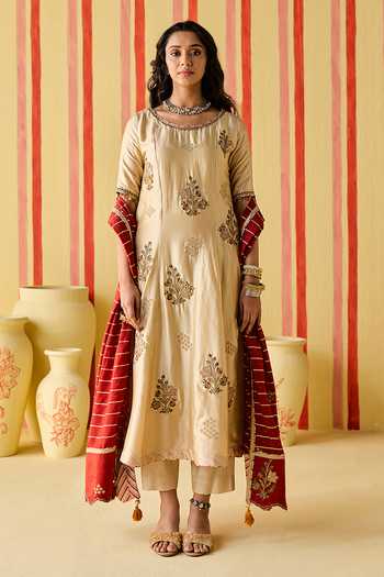 Studio Bagechaa_Beige Silk, Chanderi, Modal, Lurex Round Neck Anika Embroidered Anarkali Set _at_Aza_Fashions
