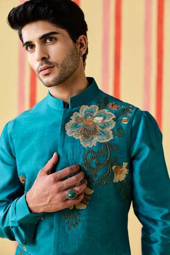 Studio Bagechaa_Emerald Green Chanderi, Linen Viraj Embroidered Nehru Jacket Set _Online_at_Aza_Fashions