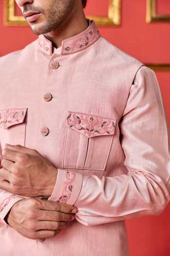 Studio Bagechaa_Pink Chanderi, Satin, Linen Viraj Placement Embroidered Nehru Jacket Set _Online_at_Aza_Fashions