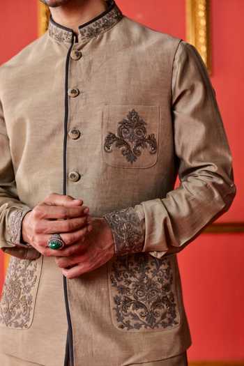 Studio Bagechaa_Beige Chanderi, Satin, Linen Advik Floral Embroidered Nehru Jacket Set _Online_at_Aza_Fashions