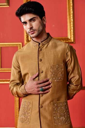 Studio Bagechaa_Brown Chanderi, Satin, Linen Pranav Embroidered Nehru Jacket Set _Online_at_Aza_Fashions