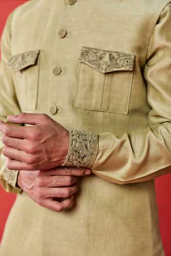 Studio Bagechaa_Green Chanderi, Satin, Linen Saarth Placement Embroidered Nehru Jacket Set _Online_at_Aza_Fashions