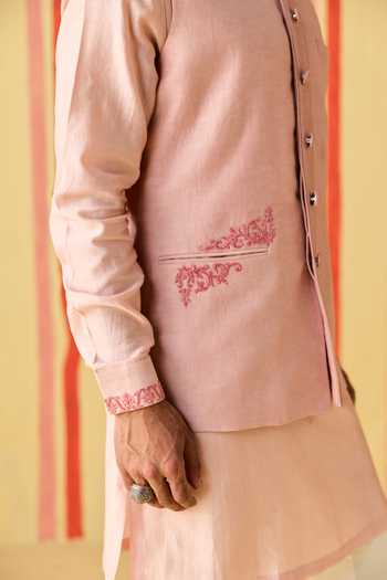 Studio Bagechaa_Pink Chanderi, Linen, Satin Eklavya Embroidered Nehru Jacket Set _Online_at_Aza_Fashions