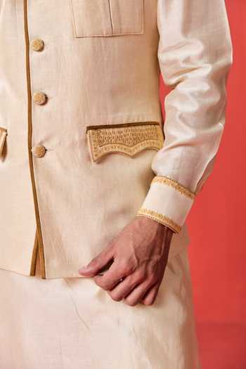 Studio Bagechaa_Ivory Chanderi, Satin, Linen Rehaan Embroidered Nehru Jacket And Kurta Set _Online_at_Aza_Fashions