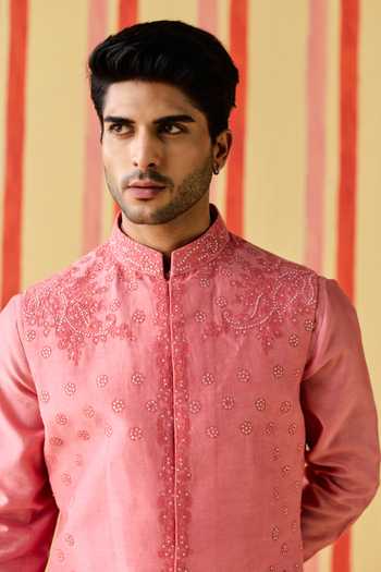 Studio Bagechaa_Pink Chanderi, Satin, Linen Tanish Floral Embroidered Nehru Jacket And Kurta Set _Online_at_Aza_Fashions