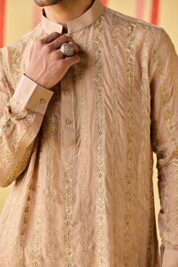 Studio Bagechaa_Beige Organza, Chanderi, Tissue Sohan Embroidered Kurta Set _Online_at_Aza_Fashions