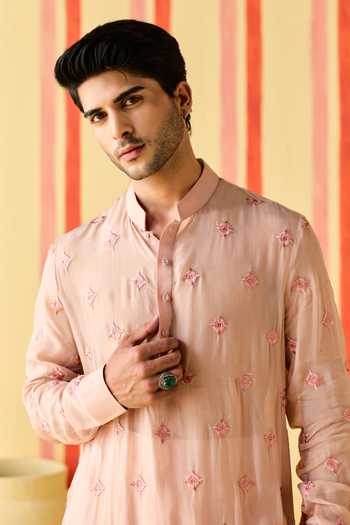 Studio Bagechaa_Pink Organza, Chanderi, Tissue Raghav Floral Embroidered Kurta Set _Online_at_Aza_Fashions