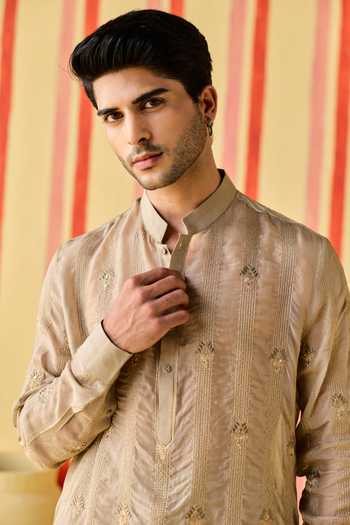 Buy_Studio Bagechaa_Beige Organza, Chanderi, Tissue Aarit Embroidered Kurta Set _Online_at_Aza_Fashions