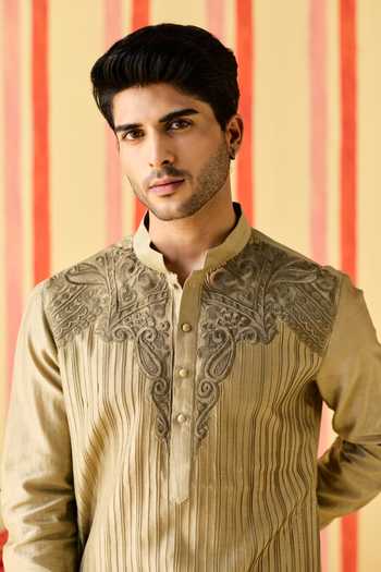 Buy Studio Bagechaa Brown Chanderi, Net Shaurya Pintuck Kurta Set Online at Aza Fashions Buy_Studio Bagechaa_Brown Chanderi, Net Shaurya Pintuck Kurta Set _Online_at_Aza_Fashions