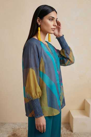 Satya Paul_Multi Color Organza, Viscose Round Neck Golden Siesta Tunic _Online_at_Aza_Fashions