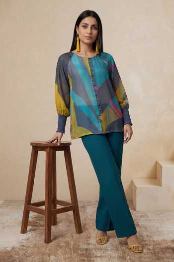 Buy_Satya Paul_Multi Color Organza, Viscose Round Neck Golden Siesta Tunic _Online_at_Aza_Fashions