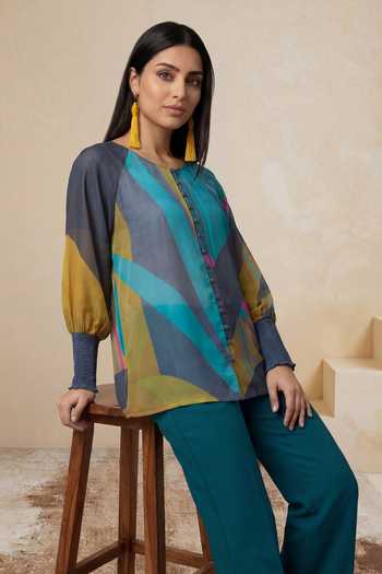 Shop_Satya Paul_Multi Color Organza, Viscose Round Neck Golden Siesta Tunic _Online_at_Aza_Fashions