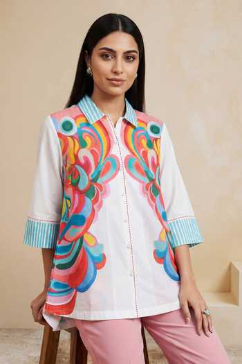 Shop_Satya Paul_White Cotton Collared Misty Fountain Shirt _Online_at_Aza_Fashions
